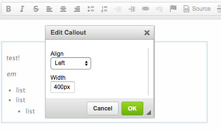 CKEditor dialog with width and alignment fields