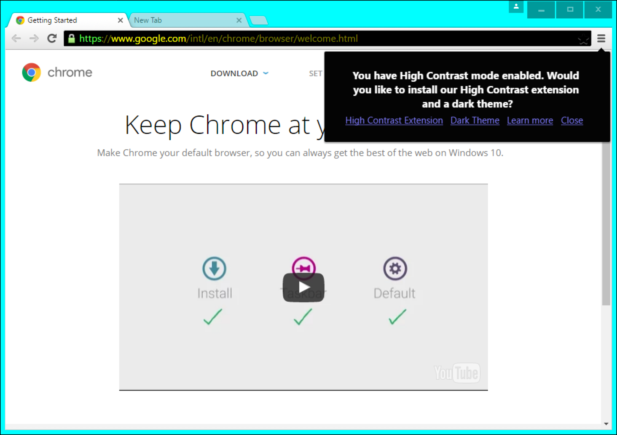 Screenshot of Chrome prompting the user to install a high contrast extension when High Contrast Mode is enabled.