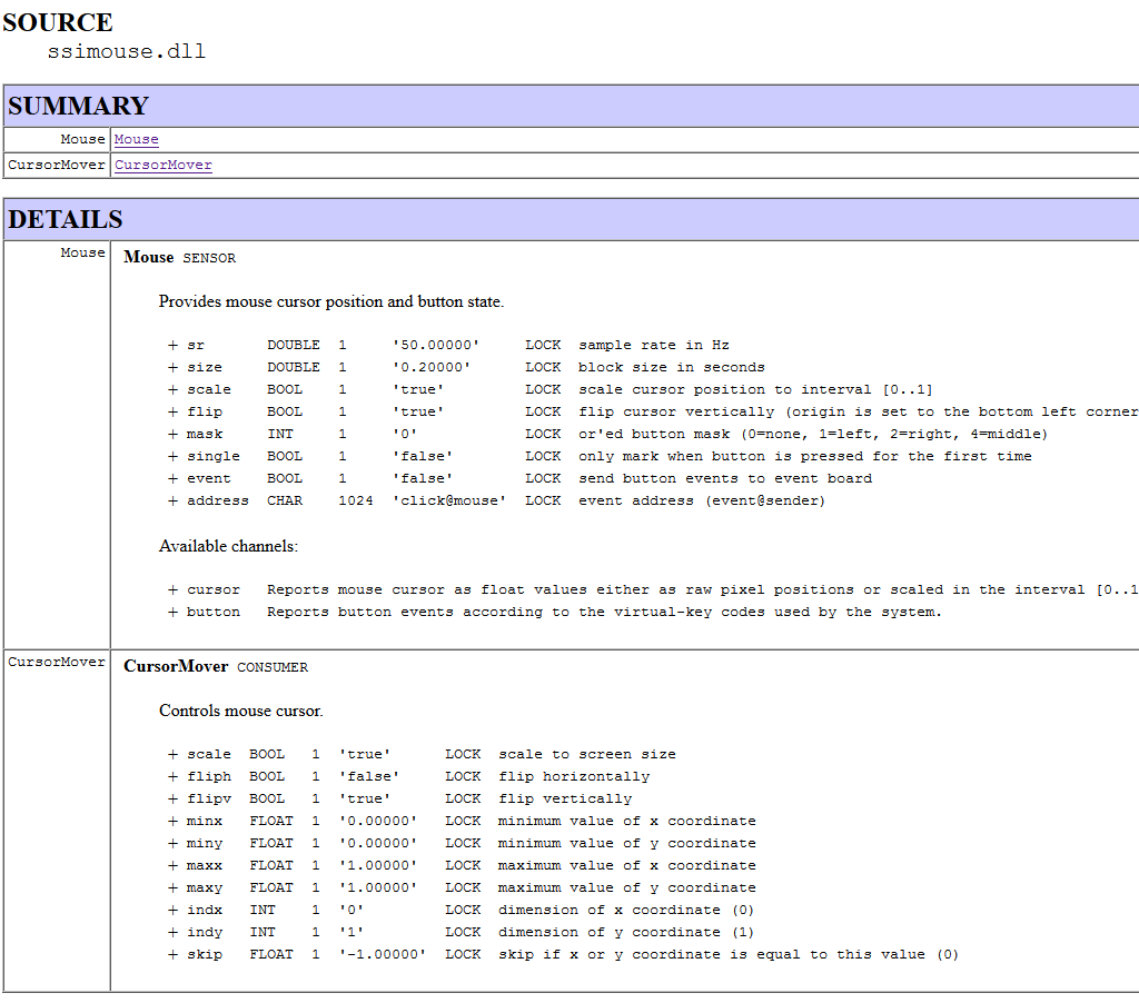 The API of SSI lists components and available options.