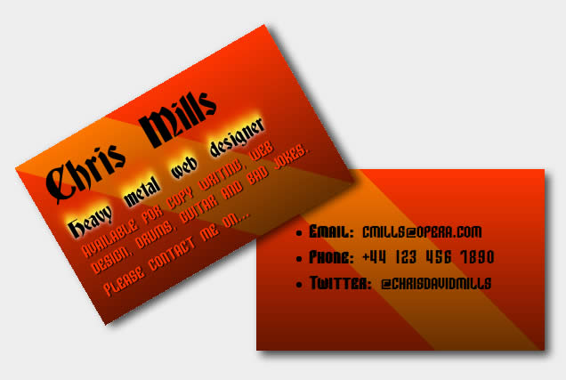 A business card created using CSS3. In browsers that don't support 3D transforms but do support 2D transforms, the front of the card moves over with a nice animation to reveal the back