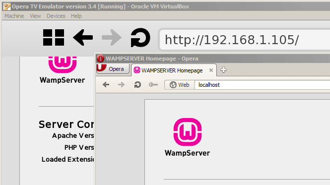 Running WAMP as a local server on the machine: in a browser on the host environment, the server can simply be accessed from 'http://localhost'. In the Opera TV Emulator, the IP address of the host machine itself has to be used.