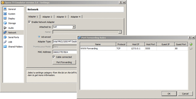 VirtualBox's settings for Port Forwarding.