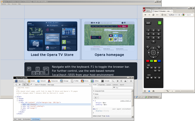 A standard debugging setup: Opera TV Emulator, a browser showing the web-based remote control, and an undocked Opera Dragonfly window set to remotely debug the emulator.