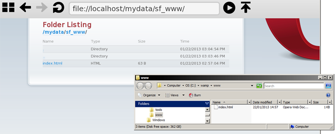 The Opera TV Emulator, showing the shared folder being displayed from the relevant file://localhost/mydata location.