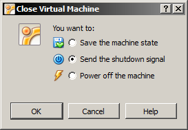 VirtualBox's 'Close Virtual Machine' dialog, with the 'Send the shutdown signal' option checked.