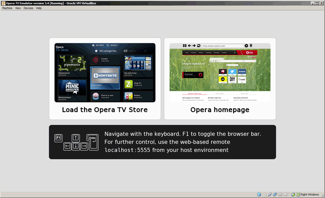 The Opera TV Emulator start page.