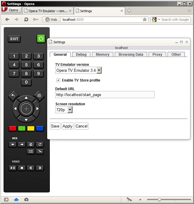The web-based remote control, showing the settings popup dialog.