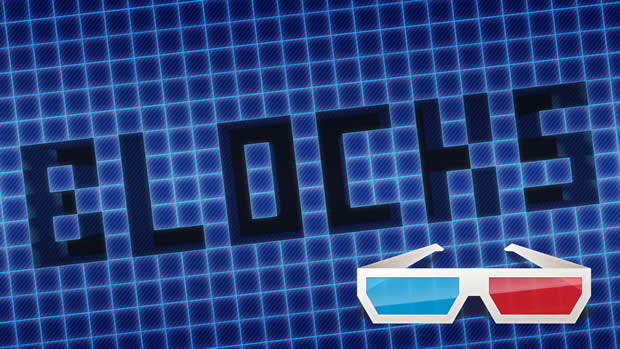 A pixel grid with the word 'blocks' spelled out by some of the pictures, plus a pair of 3D glasses