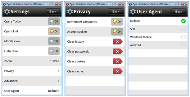 Settings, Privacy and User Agent dialog windows