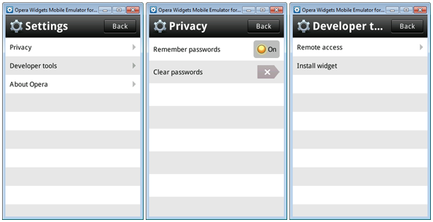 Opera Widgets settings for Privacy and Developer tools