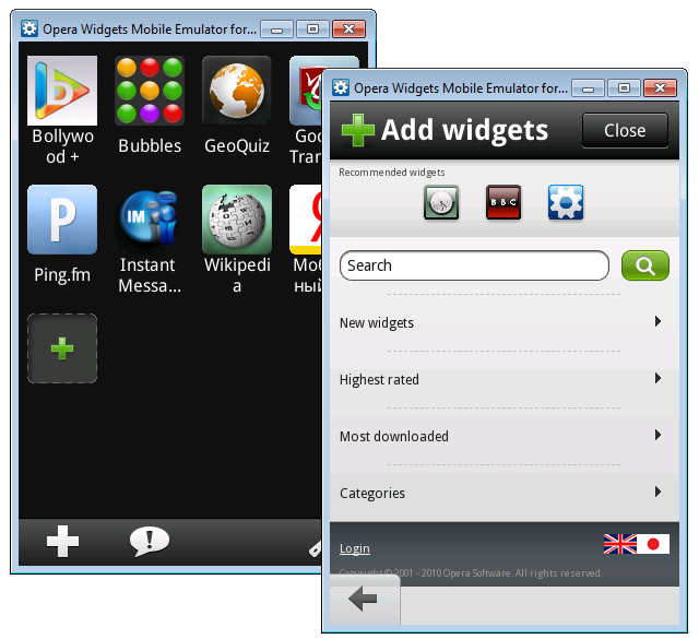 Screenshot of the Opera Widgets Mobile Emulator