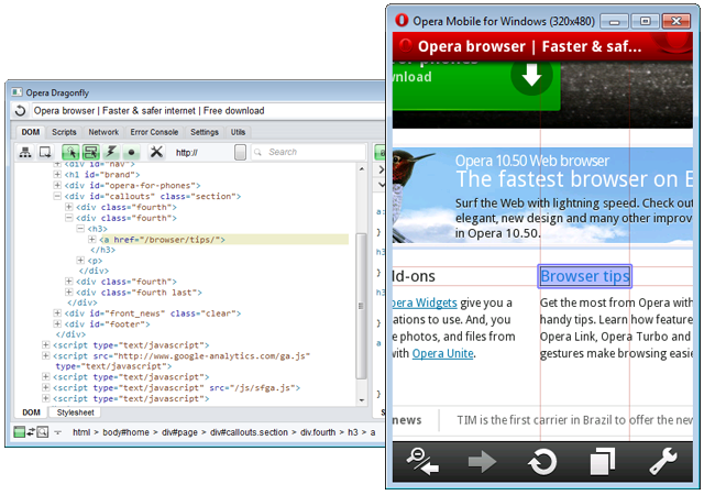 Opera Dragonfly (undocked in a separate window) debugging a Web page in Opera Mobile 10