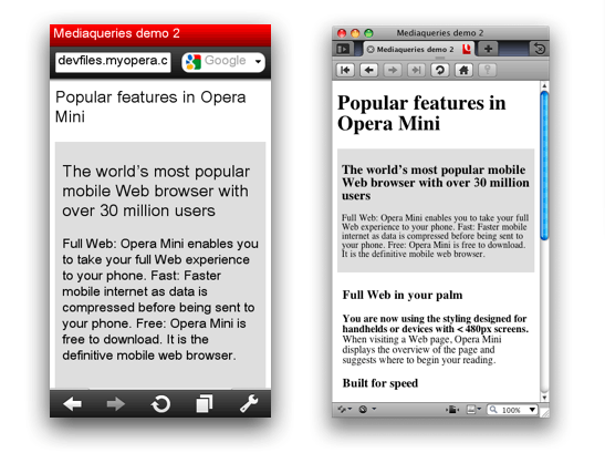 media query example on Opera Mini 5 and desktop with a small width