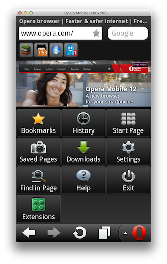 Screenshot of Opera Mobile Emulator with extension menu option