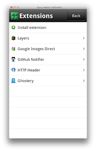 Screenshot of Opera Mobile Emulator showing all installed extensions