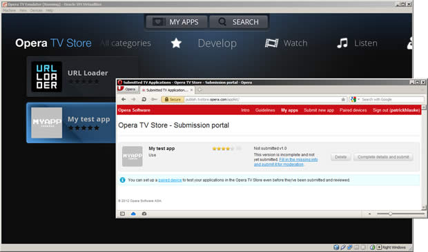 The 'Develop' category in the Opera TV Store, showing the 'URL Loader' app as well as 'My test app', which the developer has saved (but not submitted) in their Opera TV Store Submission portal page