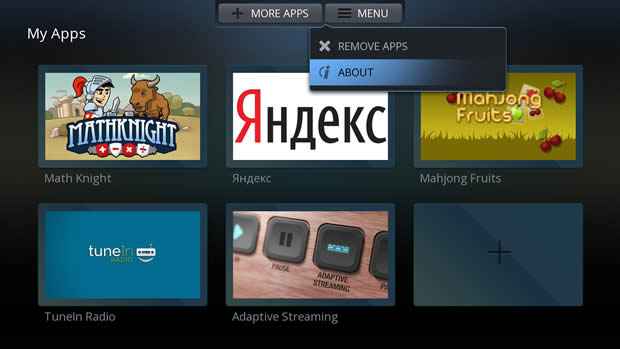 The Opera TV Store's 'My Apps' screen, showing the dropdown menu containing the 'About' option