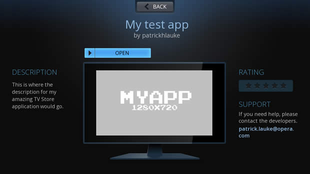The information screen for 'My test app', showing the screenshot, description, support information – just as it would be shown if my app had already been submitted and approved