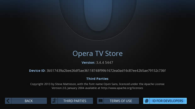 The Opera TV Store's 'About' screen, showing the version number and the Device ID, plus an ID FOr DEVELOPERS button to generate a pairing ID