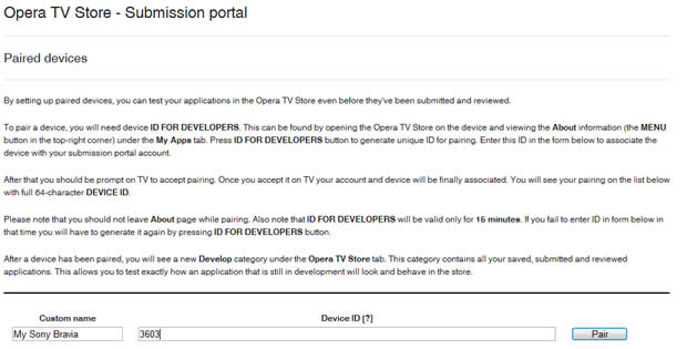 The 'Paired devices' page in the Opera TV Store Submission portal