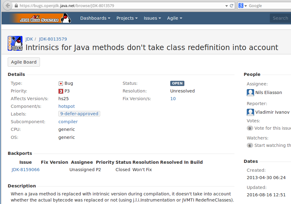 JDK-8013579: Intrinsics for Java methods don't take class redefinition into account