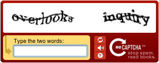 Example: shows 2 italicized words with lines through them; field with label 'Type the two words:';  3 buttons; and text 'reCAPTCHA', 'stop spam', 'read books'.